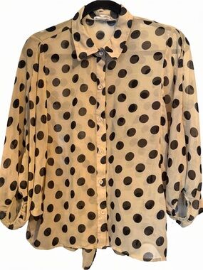 Sans souci- Shear Polka Dot High-Lo Blouse with Cinched Back- L